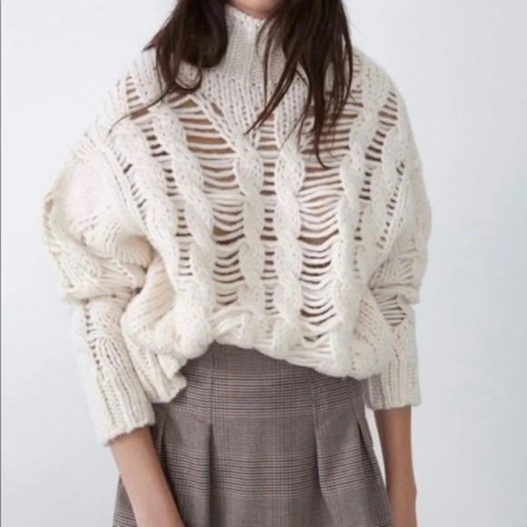 Zara Openwork Cable Knit Sweater High Neck Ecru White Size Small - Picture 1 of 12